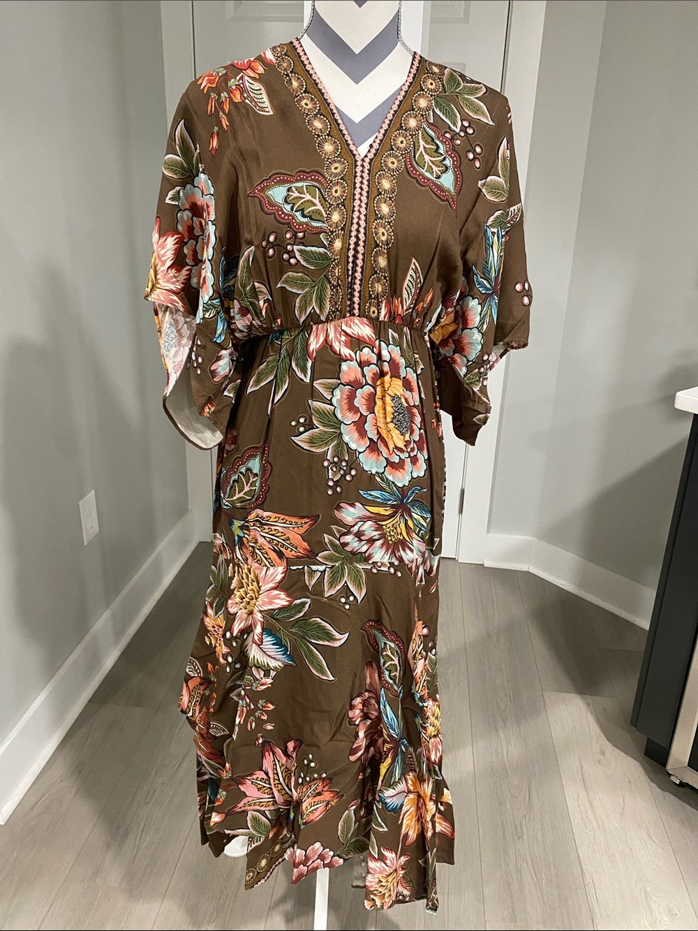 Floral V-Neck Brown Maxi Dress with Puff Sleeves Farm for Anthropologie